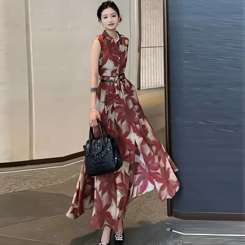 【送腰封】慵懒风夏季连衣裙长裙设计师甜辣风旗袍拼接无袖收腰款