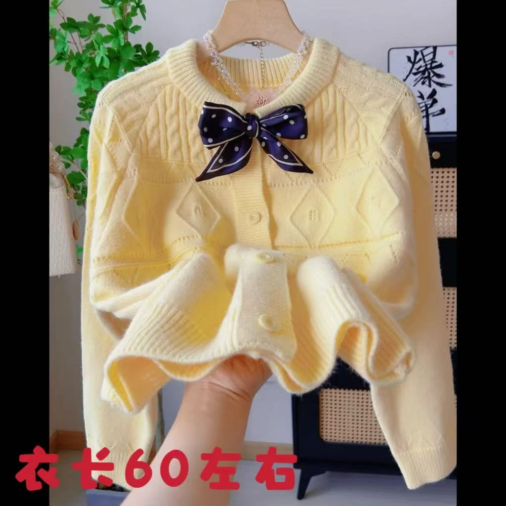 2646韩系波点丝巾爱心扣蝴蝶结毛衣女秋冬新款韩系甜美软糯针织衫