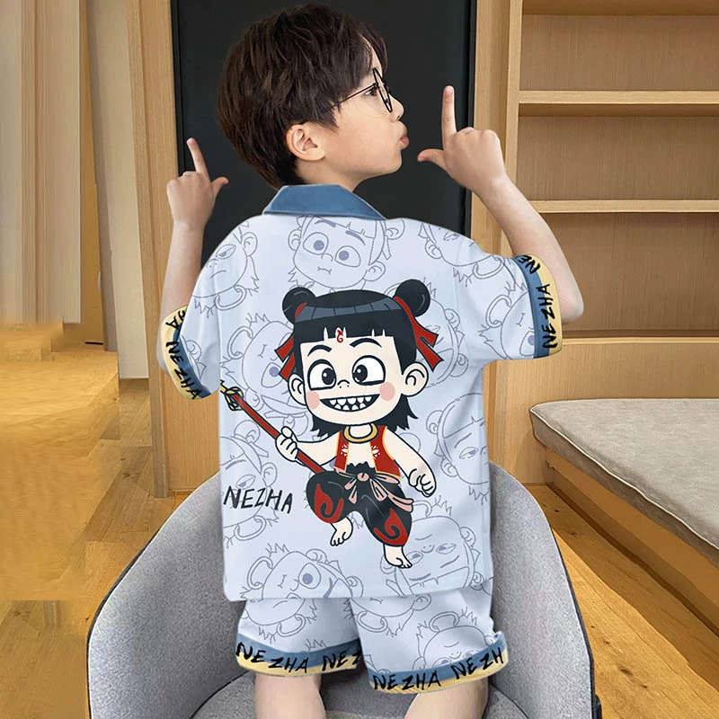 儿童睡衣男童夏季薄款夏天冰丝中大童男孩小孩家居服哪吒2025新款
