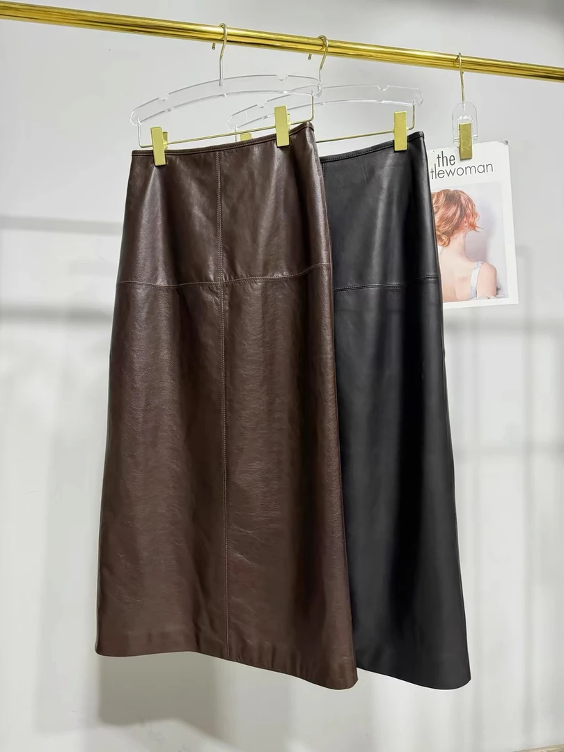 进口绵羊皮植鞣皮包臀裙秋显瘦过膝半身裙后开叉真皮皮裙女裙子