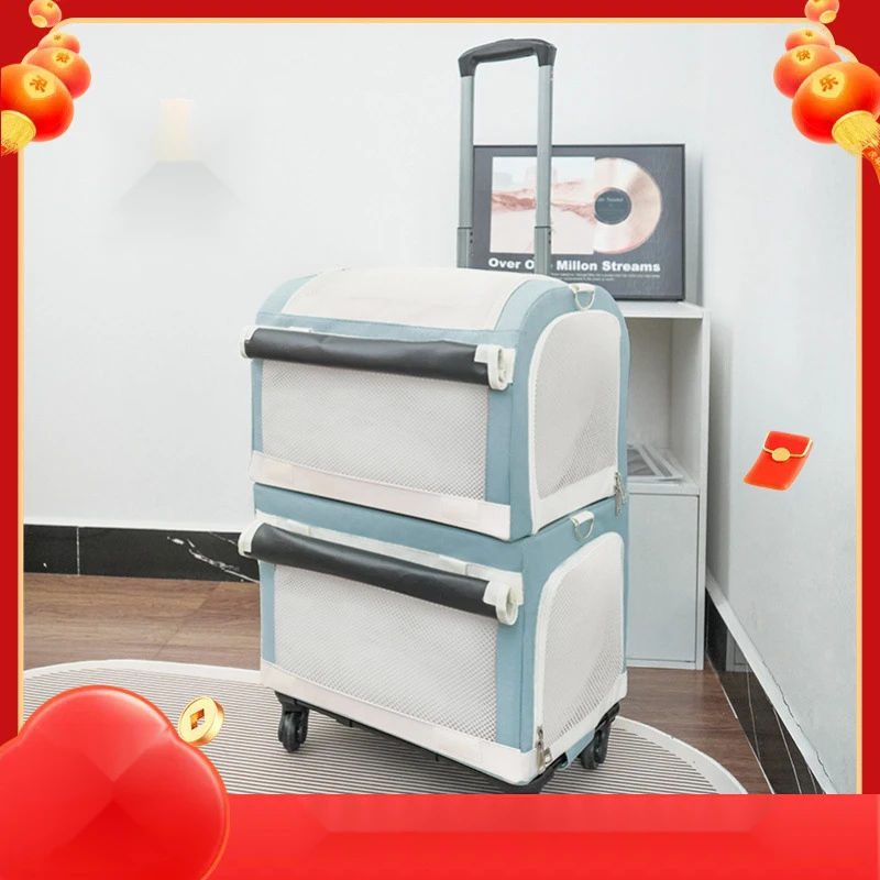 跨境新品双层宠物拉杆箱猫咪包大容量两只透气可拆卸宠物外出推车