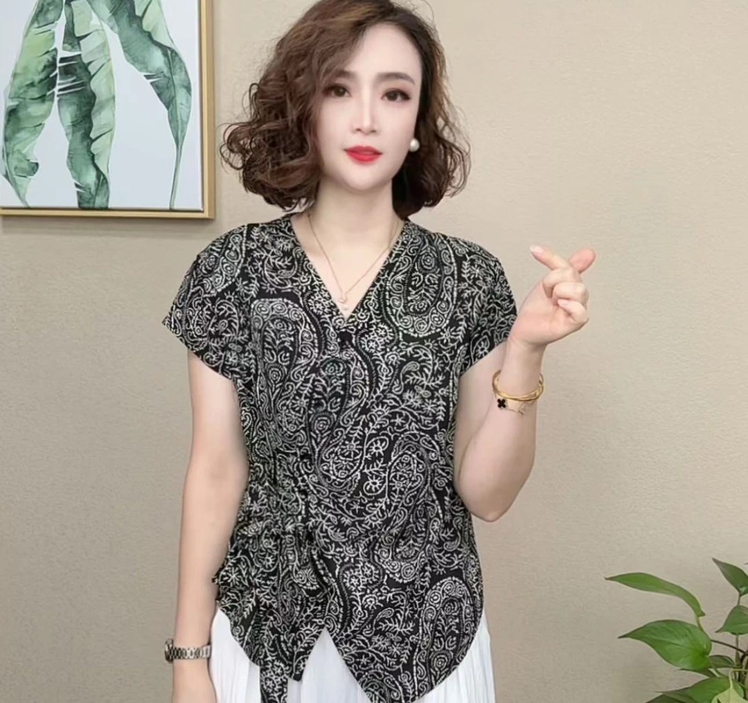 夏季新款时尚洋气百搭减龄显瘦气质女短袖V领T恤上衣#3000255