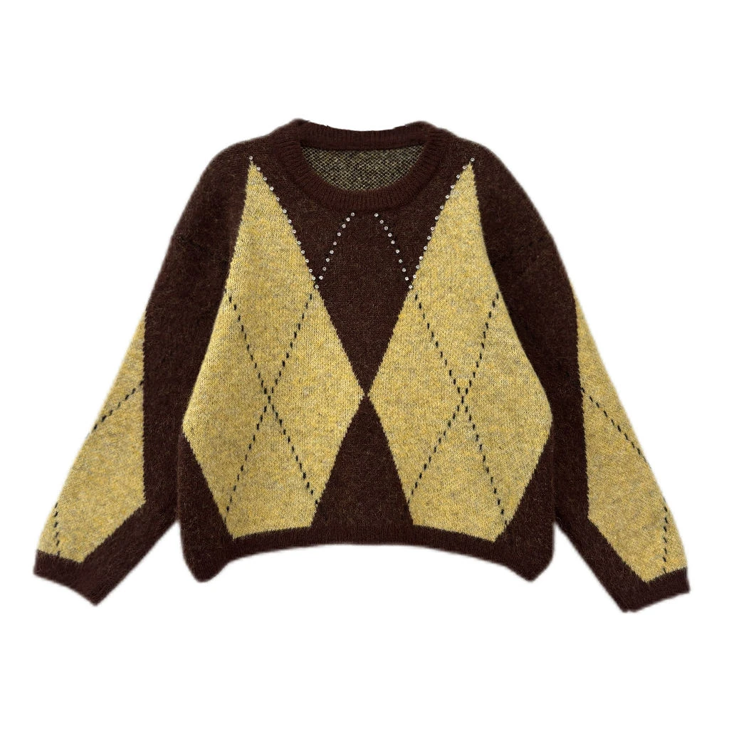 2025~经典菱形格订钻设计慵懒针织毛衣7025