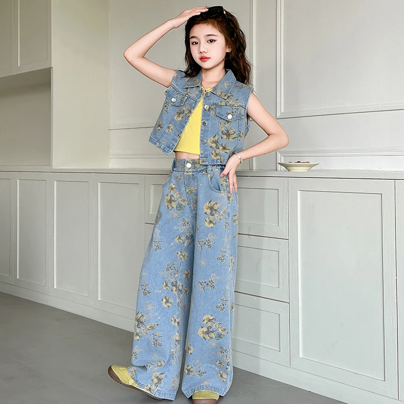 女童套装2025新款中大童时髦炸街美式复古牛仔马甲背心阔腿裤潮