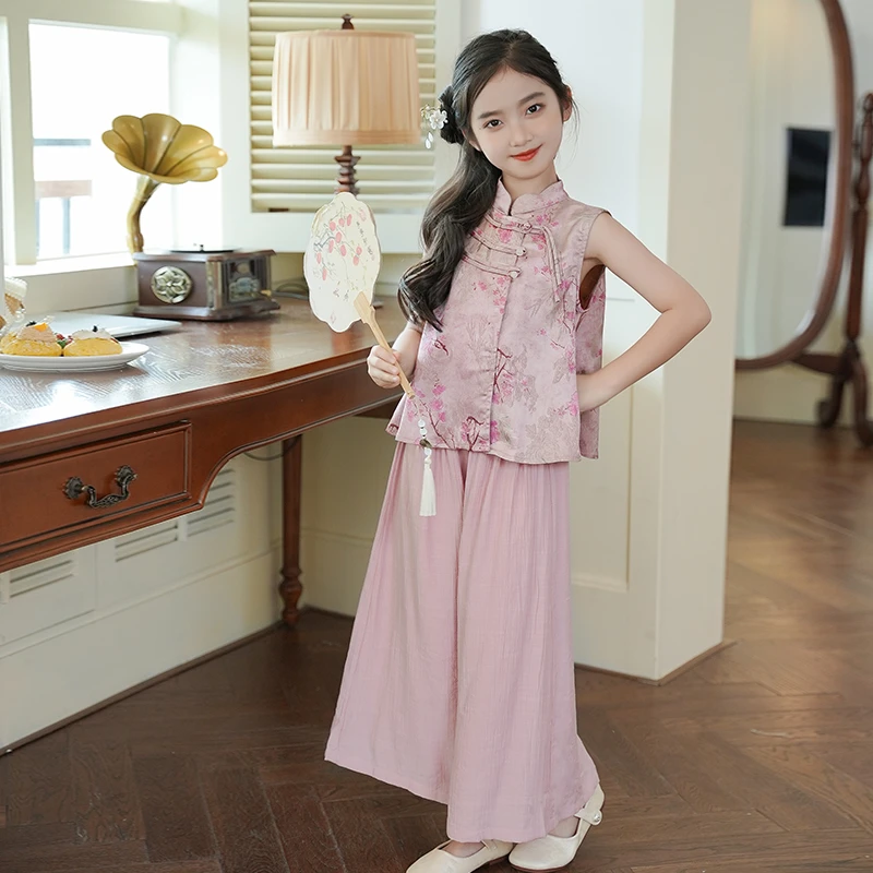 0769518女童国风新中式提花背心套装2025夏季汉服儿童古风两件套