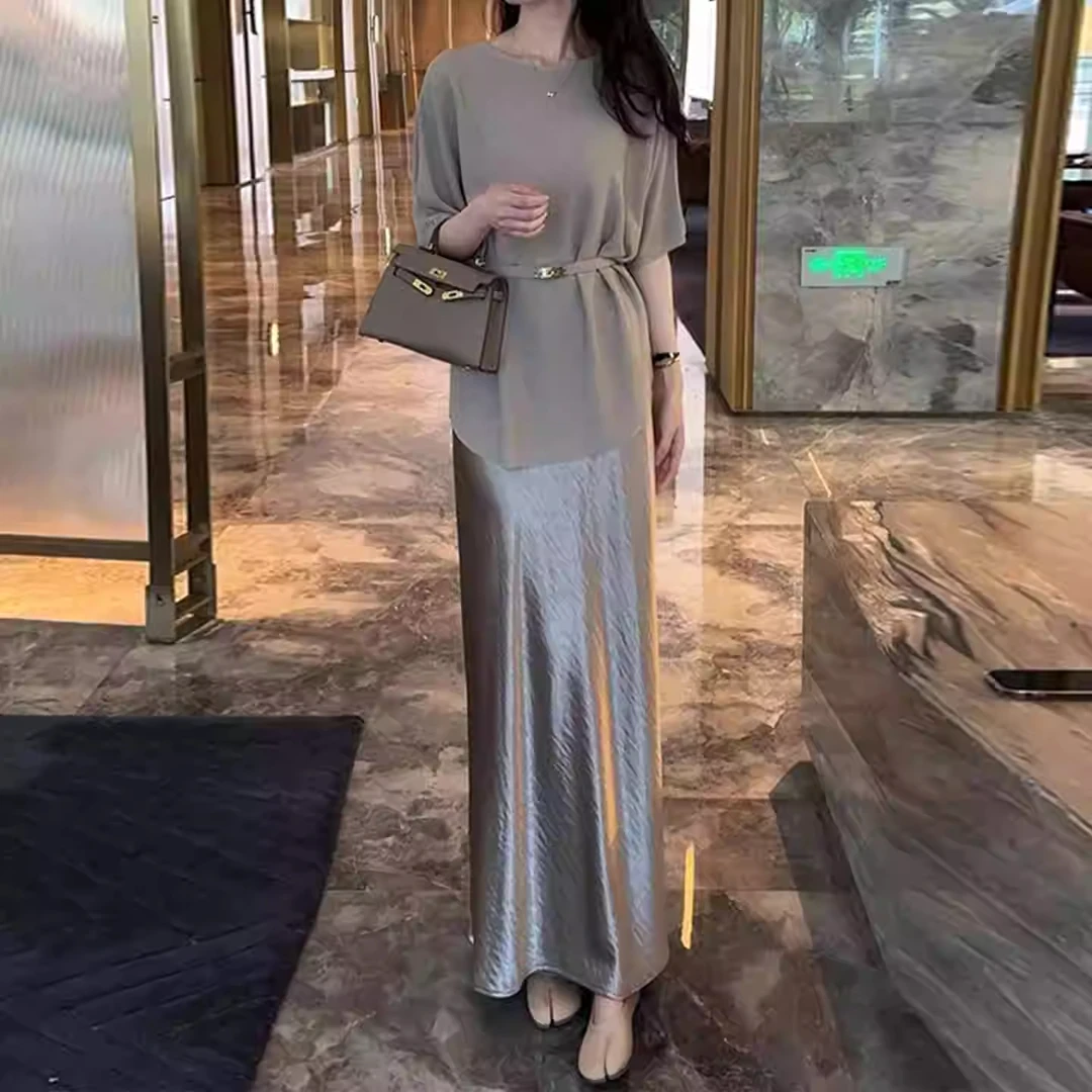 拉夏贝尔时尚后妈裙女士2025年夏季新款显瘦上衣开叉半身裙两件套