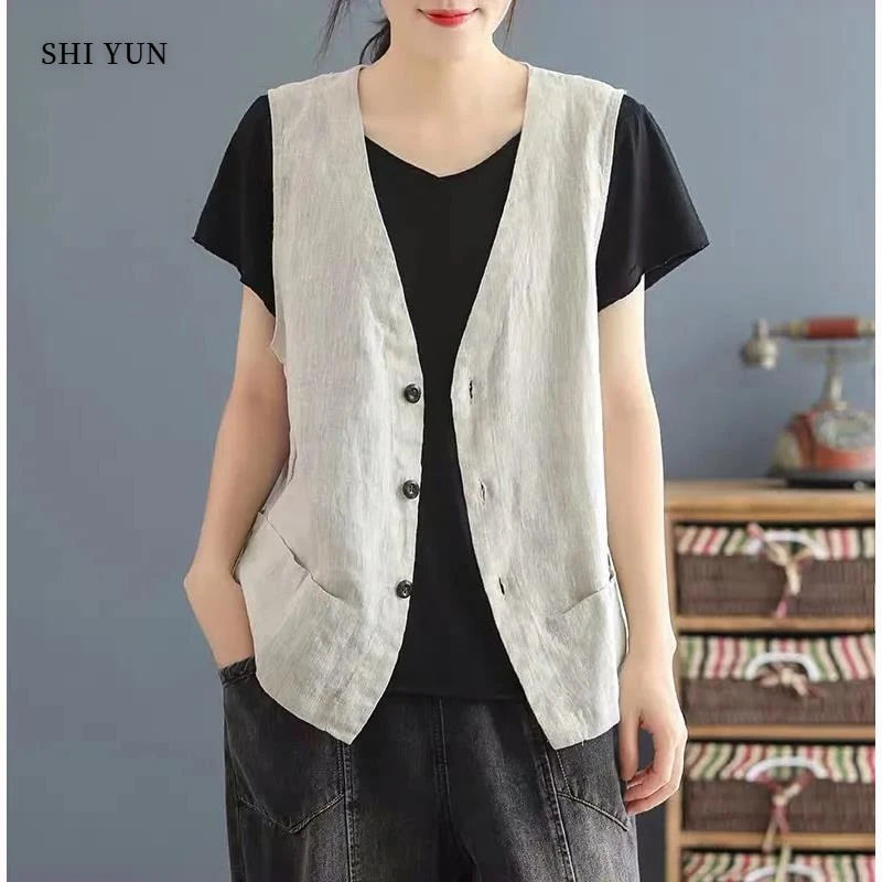 日系亚麻女士马甲休闲V领无袖轻薄坎肩棉麻背心上衣
