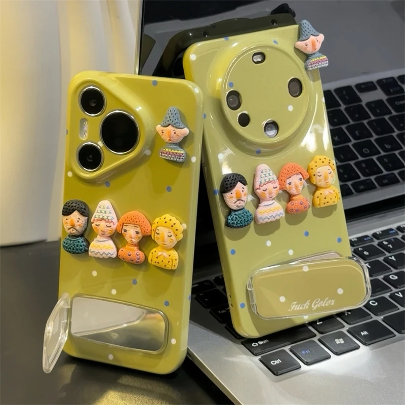 立体卡通小人偶镜子支架适用苹果16promax手机壳华为vivo小米oppo