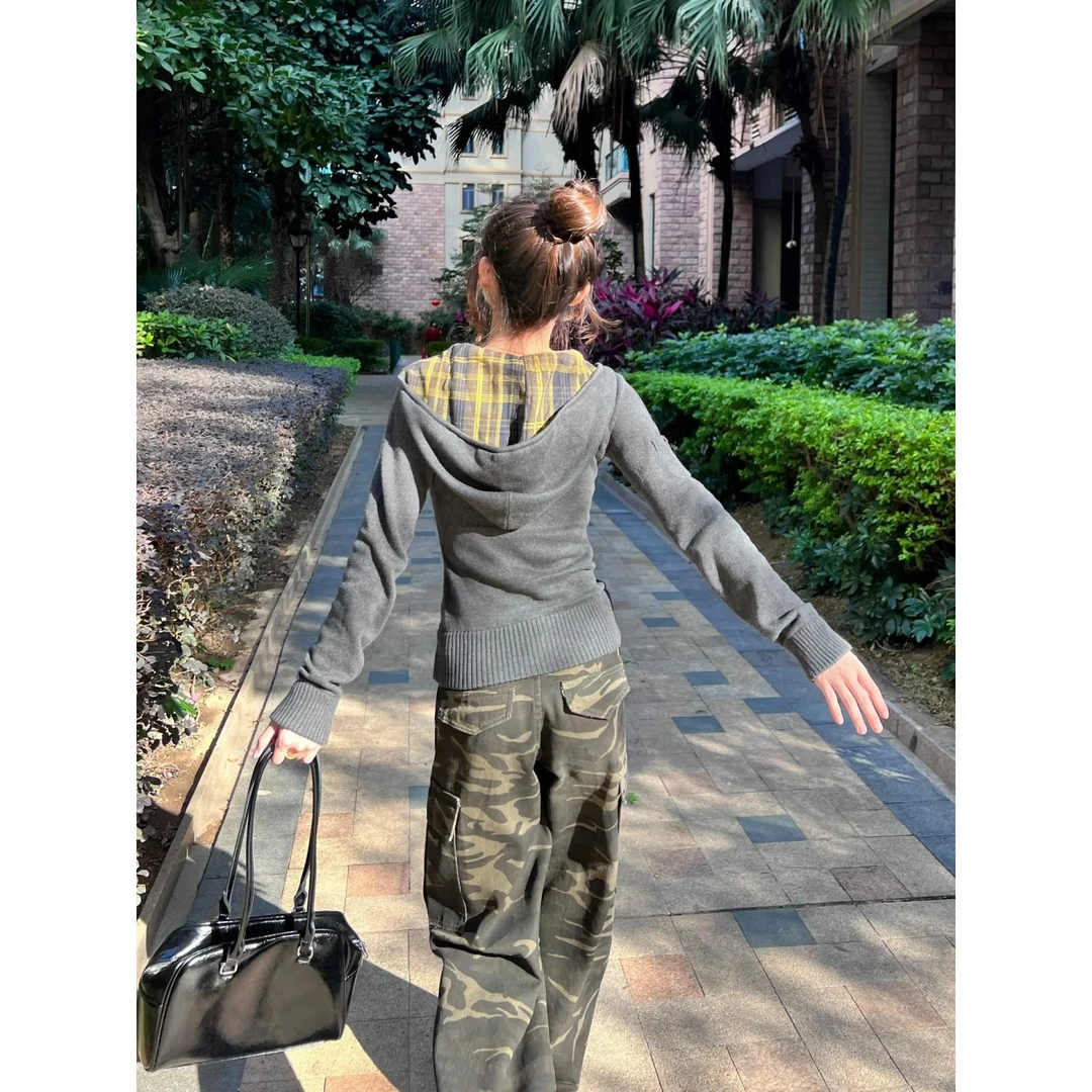 美式复古格子拉链连帽短款修身韩系针织毛衣开衫外套女春秋上衣