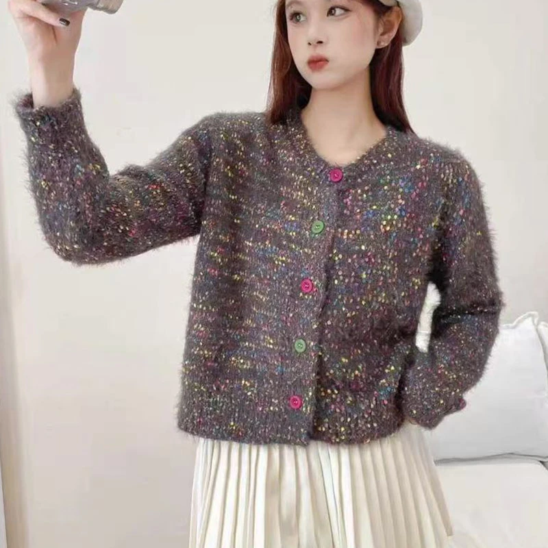 秋季新款~仿绵羊毛外套小香风短款针织开衫女上衣百搭韩版彩亮片