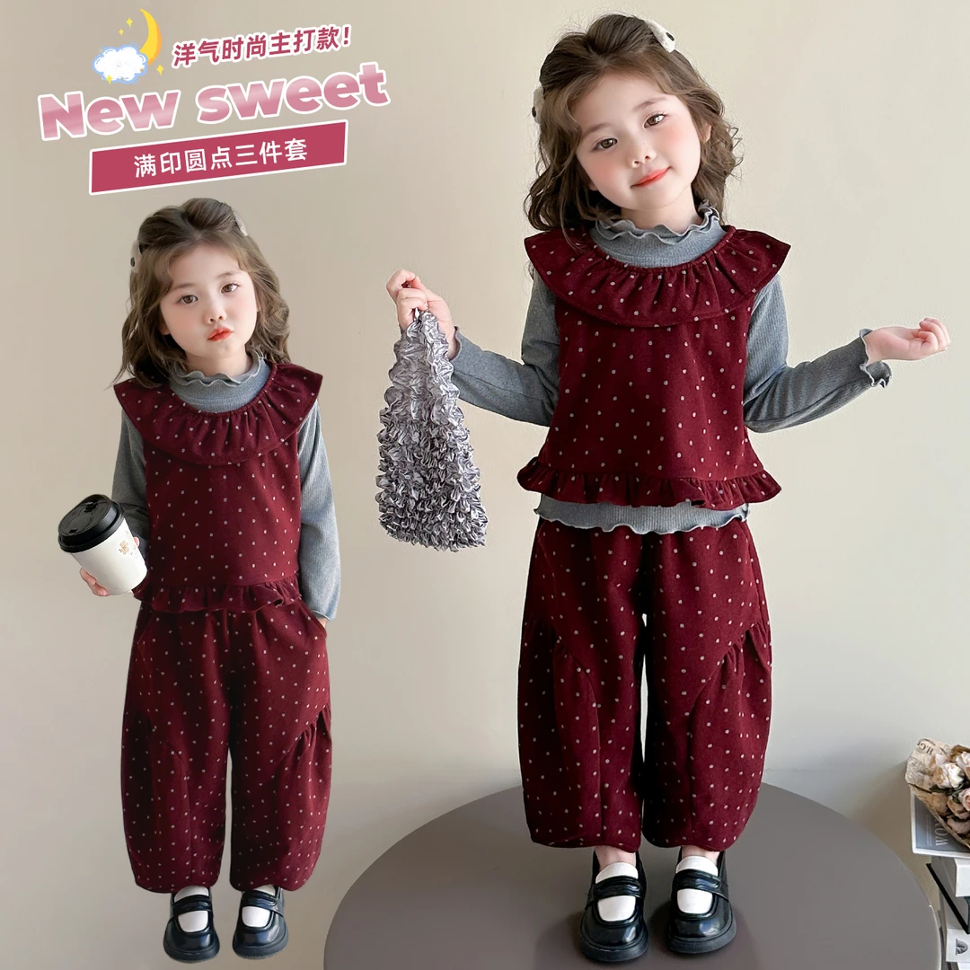 女童波点套装2025新款儿童春秋装潮款洋气女宝宝秋季甜美风三件套