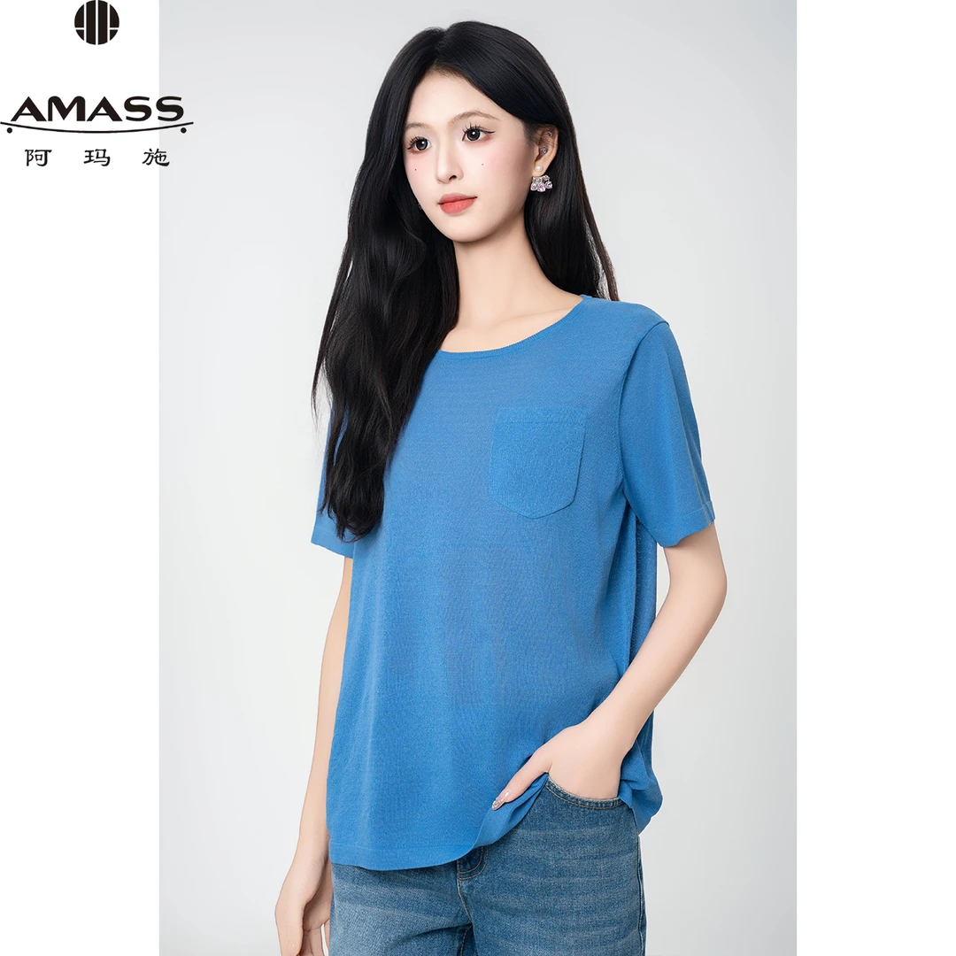 AMASS/阿玛施夏季薄款纯色简约圆领百搭素面口袋短袖T恤女5399423