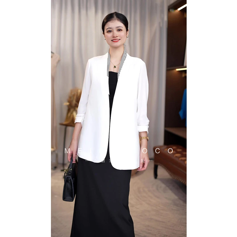 南油高端轻奢时尚纯色百搭简约气质100醋酸七分袖西服西装外套女