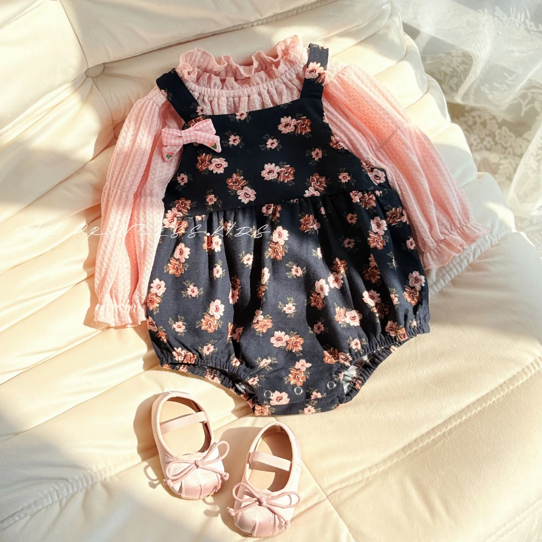 2025春秋季新品婴幼儿衣服女宝宝碎花棉布背带哈衣长袖两件套包屁