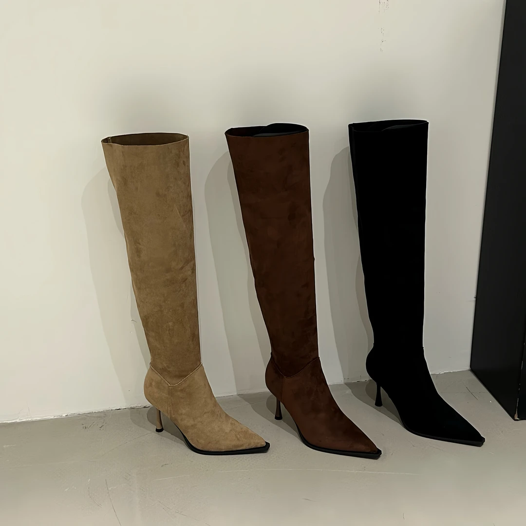 法式尖头高跟过膝长靴女2025春秋新款名媛风卡其色百搭细跟高筒靴