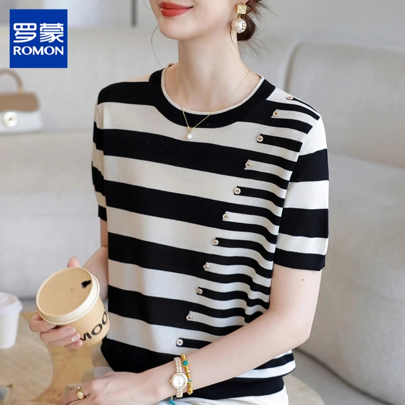 罗蒙妈妈夏装短袖洋气条纹针织上衣中老年女夏季薄款冰丝T恤小衫