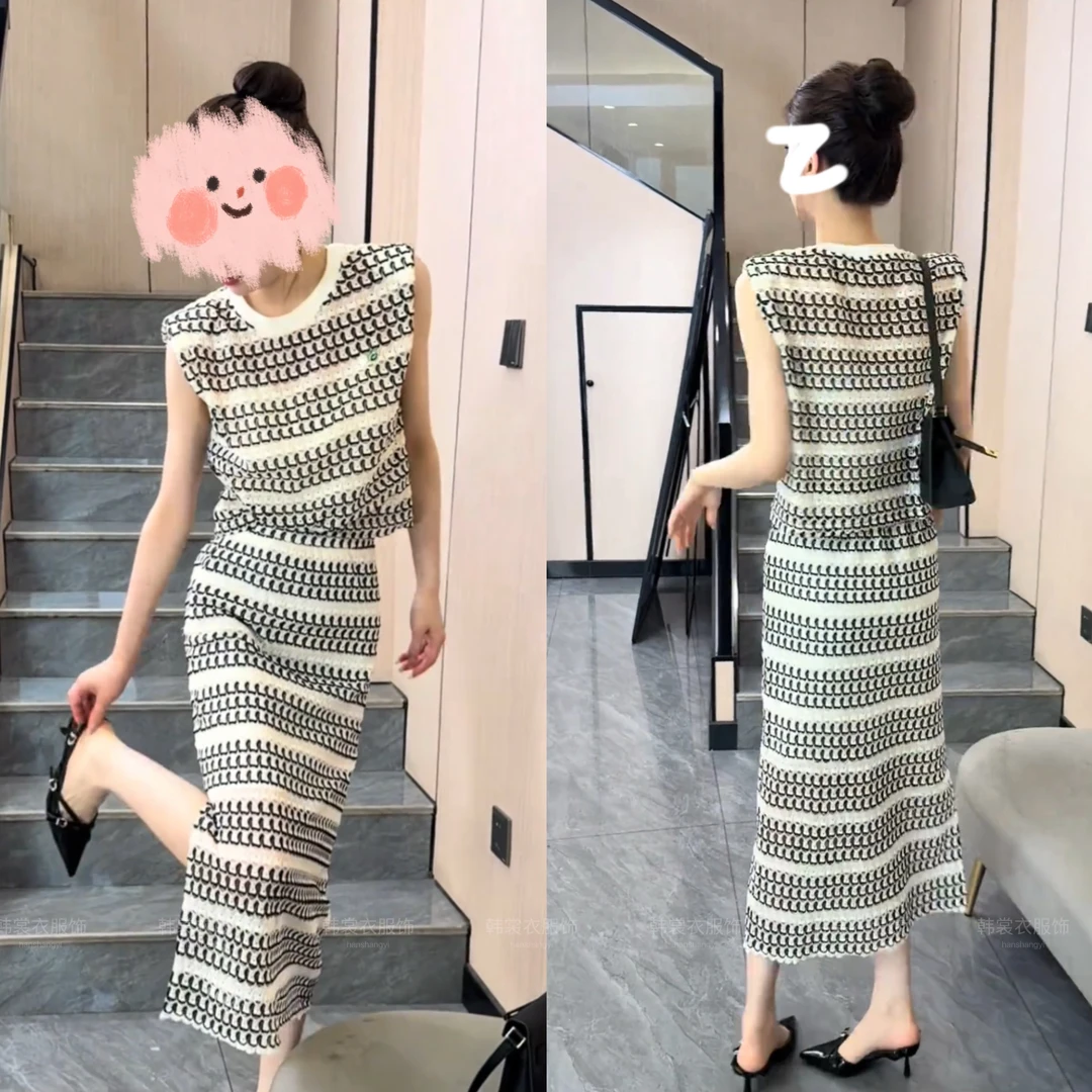 小香风长裙套装2025夏季新款复古显瘦镂空无袖上衣A字裙两件套