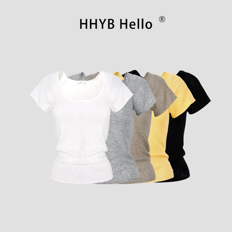 HHYB Hello巴胺穿搭U领插肩袖短袖针织衫新款微透打底衫上衣M1202
