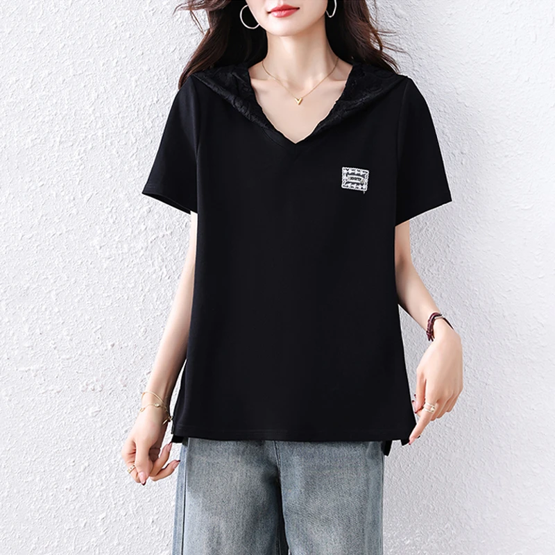 【女神新衣】休闲蕾丝连帽T恤女2025春夏新款短袖小衫欧货大码上衣