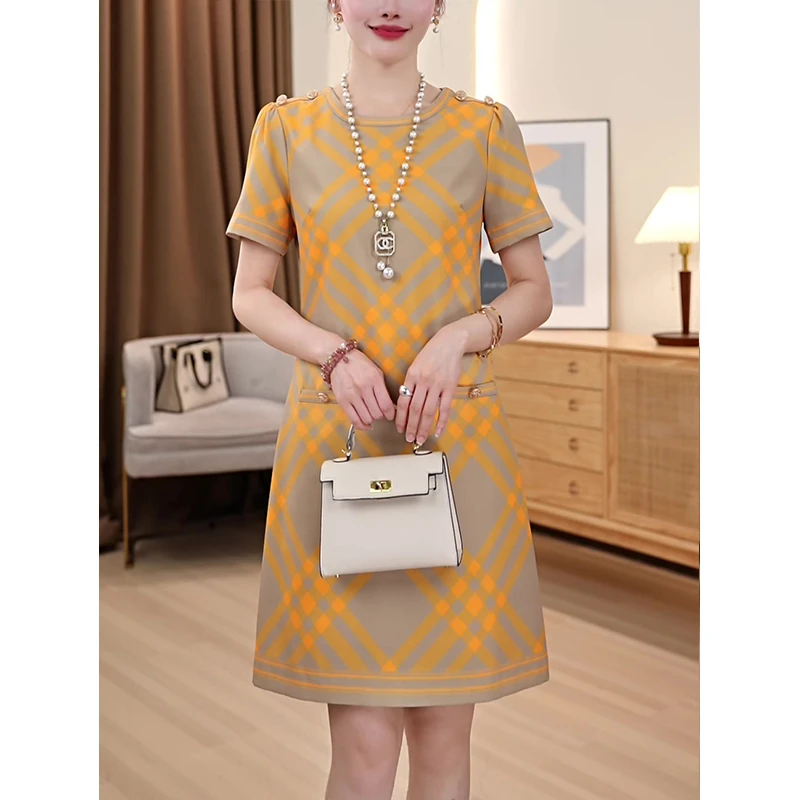 夏季轻奢时尚气质名媛收腰A字显瘦圆领菱形几何印花短袖连衣裙