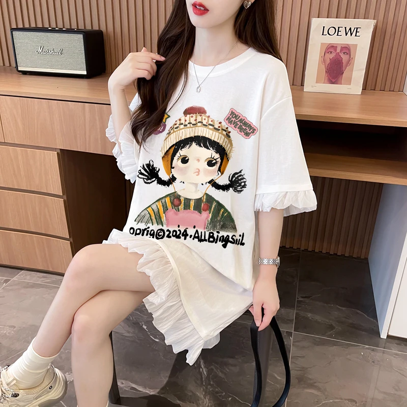 假两件设计短袖T恤裙女夏季2025爆款宽松小众设计感纯棉连衣裙子