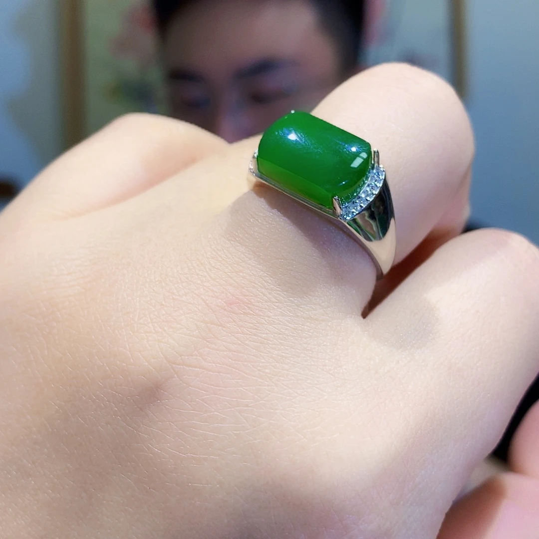 和田玉（碧玉）戒指银S925镀金镶嵌