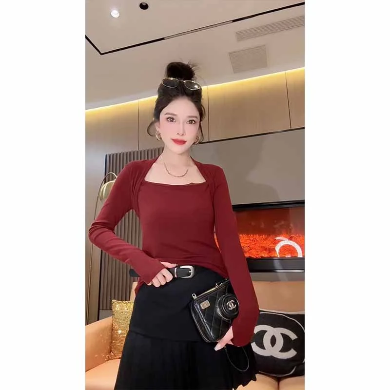 韩系方领假两件长袖T恤女2025秋冬新款修身显瘦打底上衣