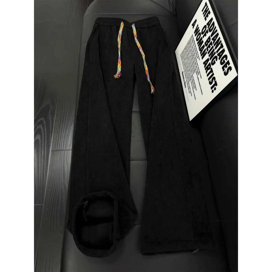 黑色人字纹加绒加厚休闲裤子男冬季美式复古运动直筒雪尼尔阔腿裤