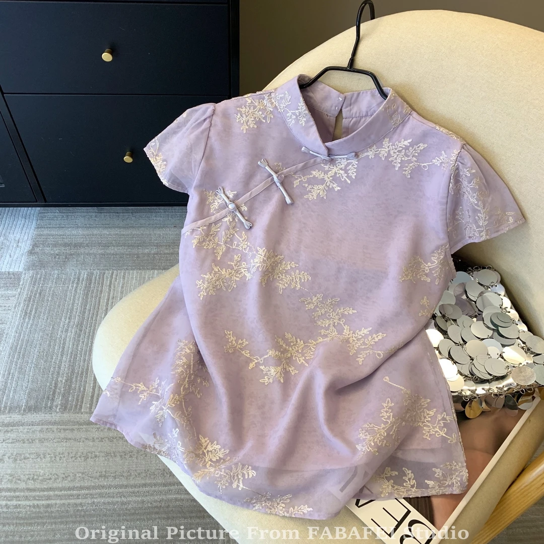 新中式国风刺绣泡泡袖衬衫女夏款显白绿色衬衣日常可穿旗袍领上衣