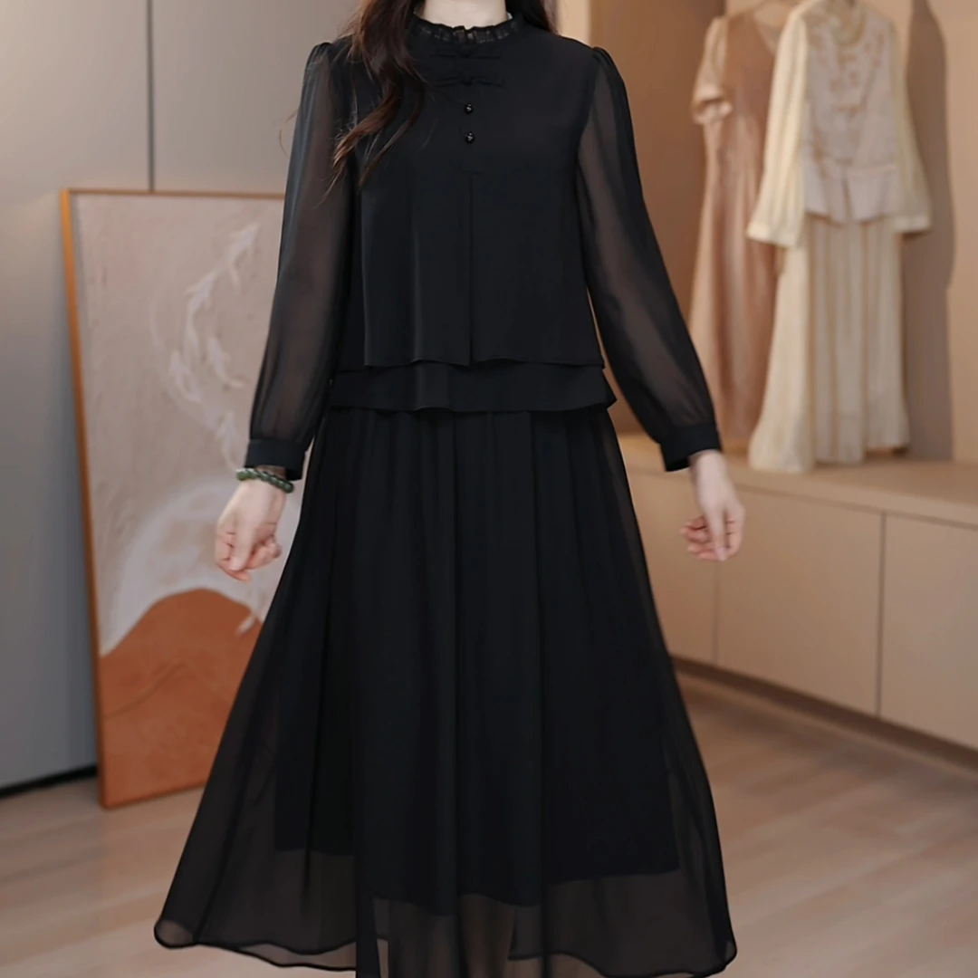 2111#{假两件}黑色气质连衣裙2025春季新款端庄大气中长款裙子