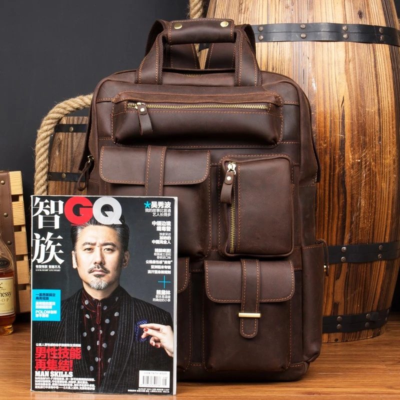 慢时光复古手工头层牛皮背包男真皮双肩包头层牛皮电脑包女旅行包