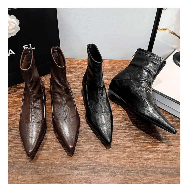 时尚粗跟秋冬尖头短靴低跟内增高英伦风百搭复古
