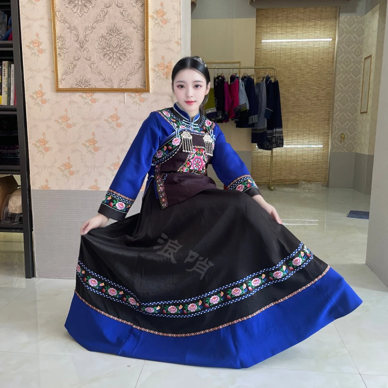 布依族服饰女少数民族服宝蓝色机织布刺绣外套长袖套装立领2023新