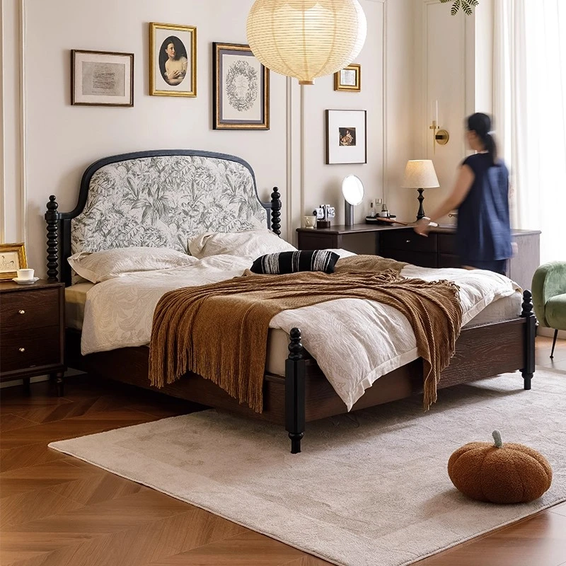 法式复古实木床软包床主卧双人床婚床卧室美式轻奢1米8中古风