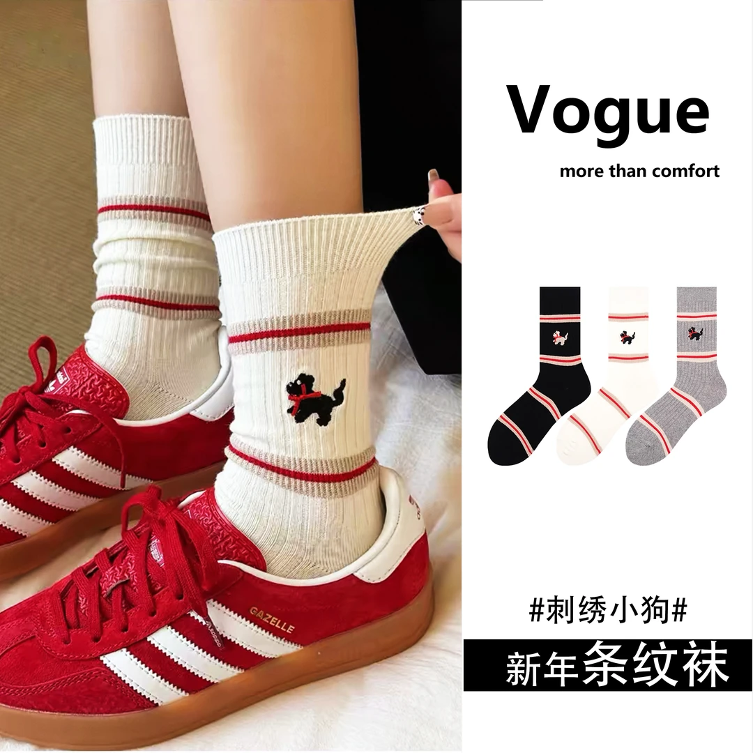 【三双装/条纹小狗袜】早春韩版AB款刺绣小狗袜子女欧货潮牌堆堆袜