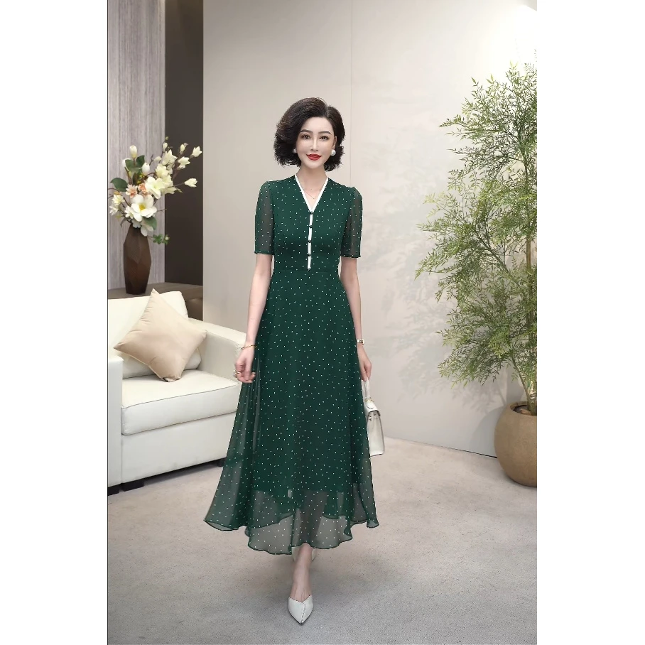 2025夏高奢祖母绿V领灵动水玉小波点莱赛尔天丝乔其连衣裙WF3286