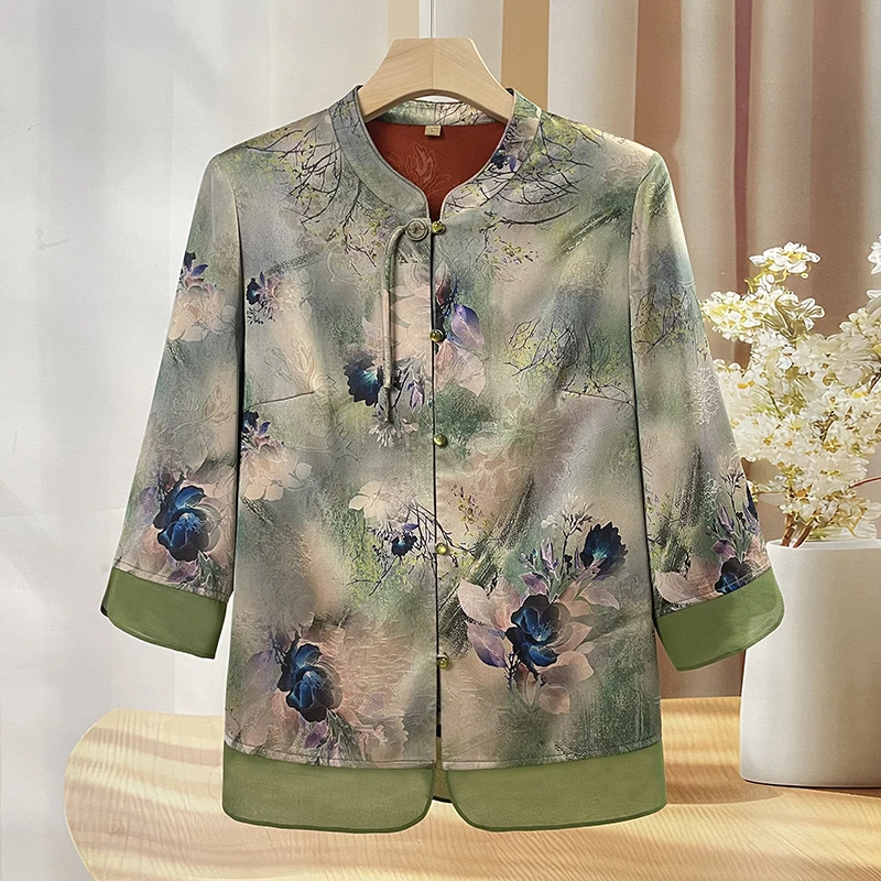 中老年人妈妈夏装衬衫宽松奶奶春夏七分袖上衣新中式老太太衣服