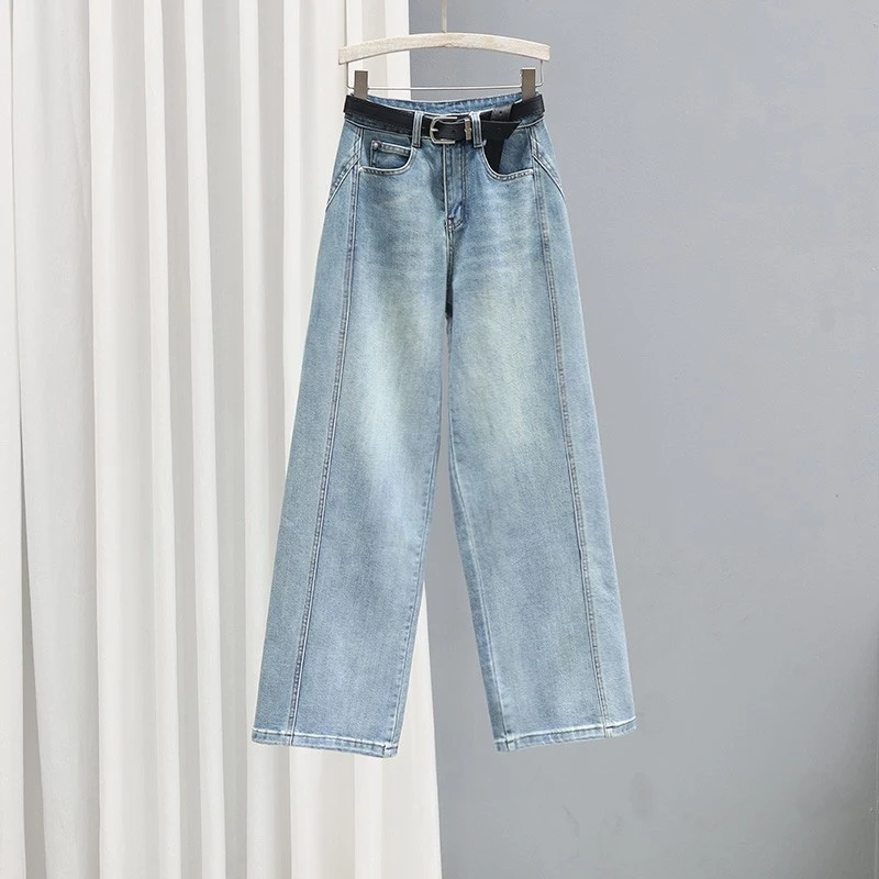 春季高腰窄版阔腿牛仔裤女2025新款百搭拼接长裤宽松显瘦直筒裤子