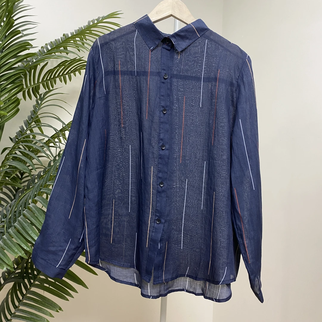 【藏青彩色竖线印花苎麻衬衫】4101