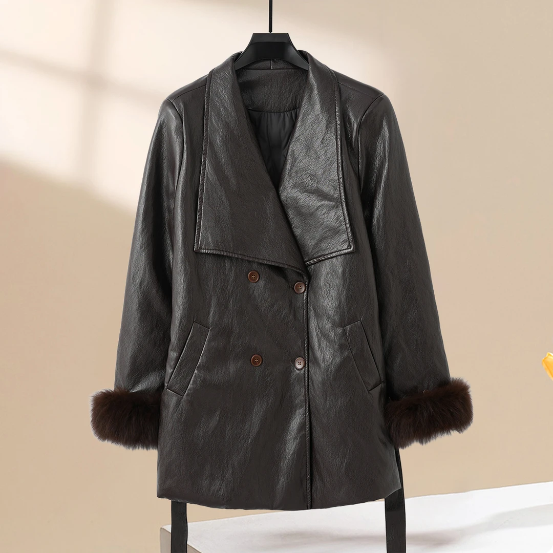 H6938【都市摩登风】绵羊皮白鹅绒羽绒｜狐狸毛袖口收腰双排扣