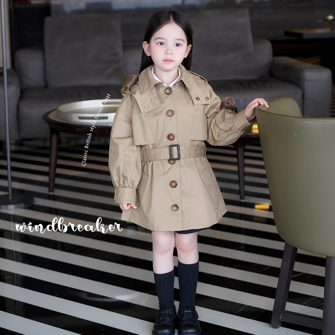 AnnieGirl秋季经典英伦风百搭休闲连帽格纹女童风衣外套2025秋款