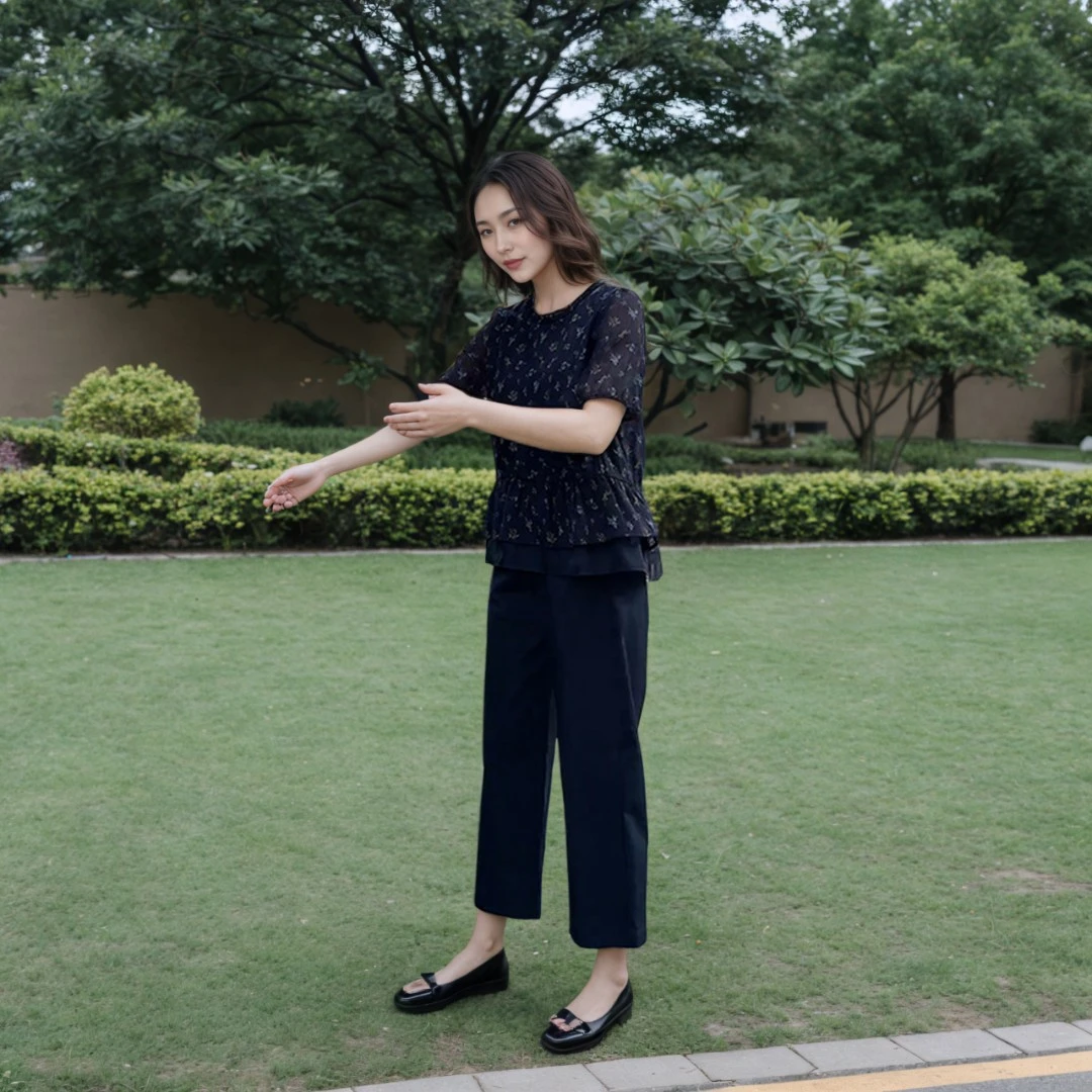 夏季洋气时尚碎花设计感宽松显瘦短袖上衣高腰九分裤盐系两件套