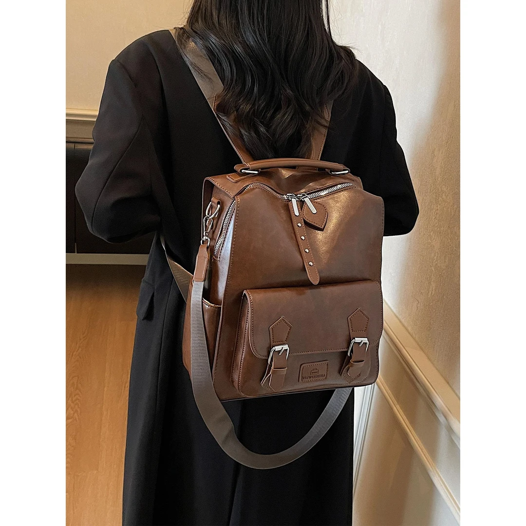 大容量复古休闲双肩包学院风2025百搭气质学生上课通勤时尚背包