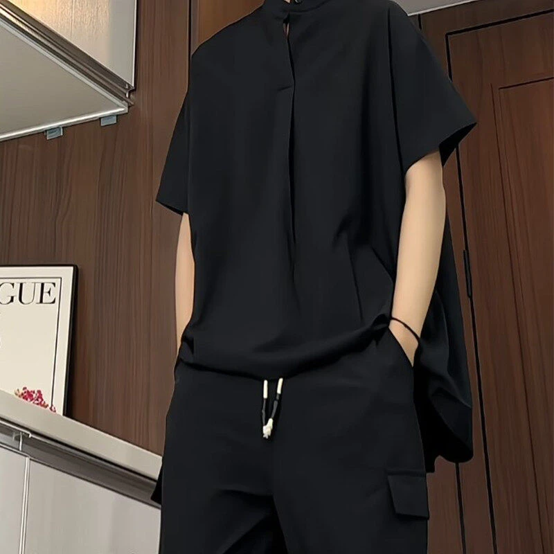 夏季新款男士POLO衫套头立领衬衫男宽松大码痞帅短袖衬衣简约上衣