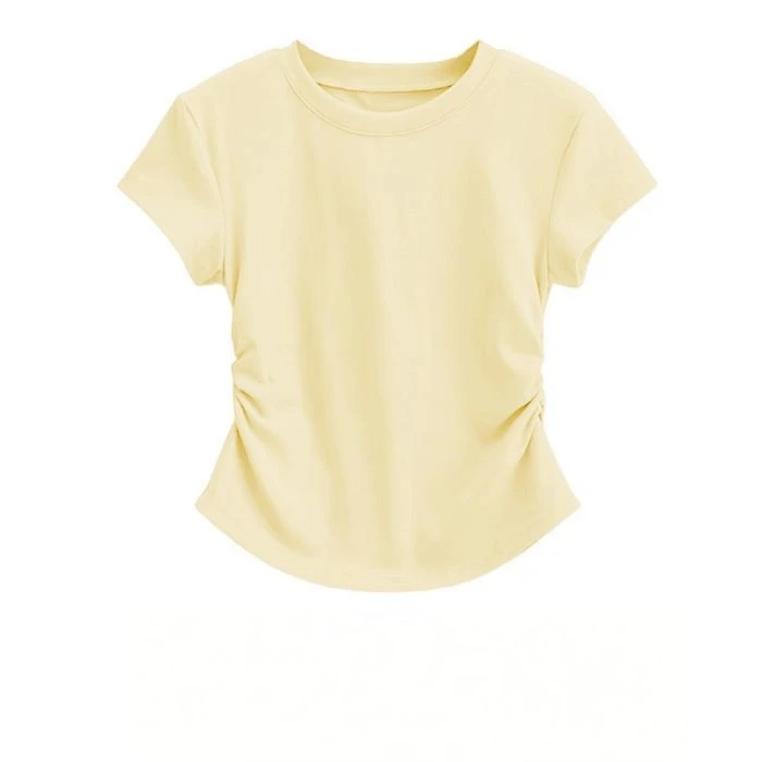 奶黄色圆领正肩短袖T恤女夏季纯色女T恤修身韩版小个子短款上衣