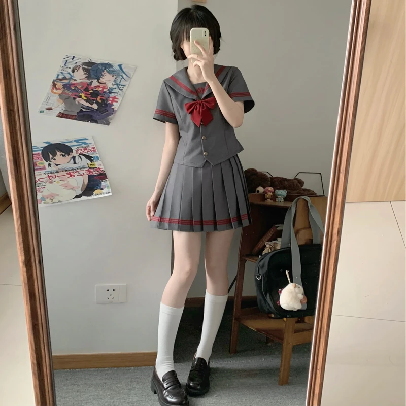 秋野眠【星野高】春夏季灰色收腰水手服学院风百褶裙校供JK制服套装