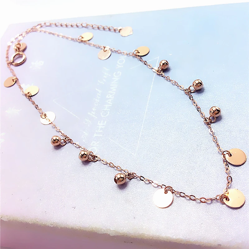 福福金楼585紫金珠珠片片脚链时尚气质14K玫瑰金百搭脚链