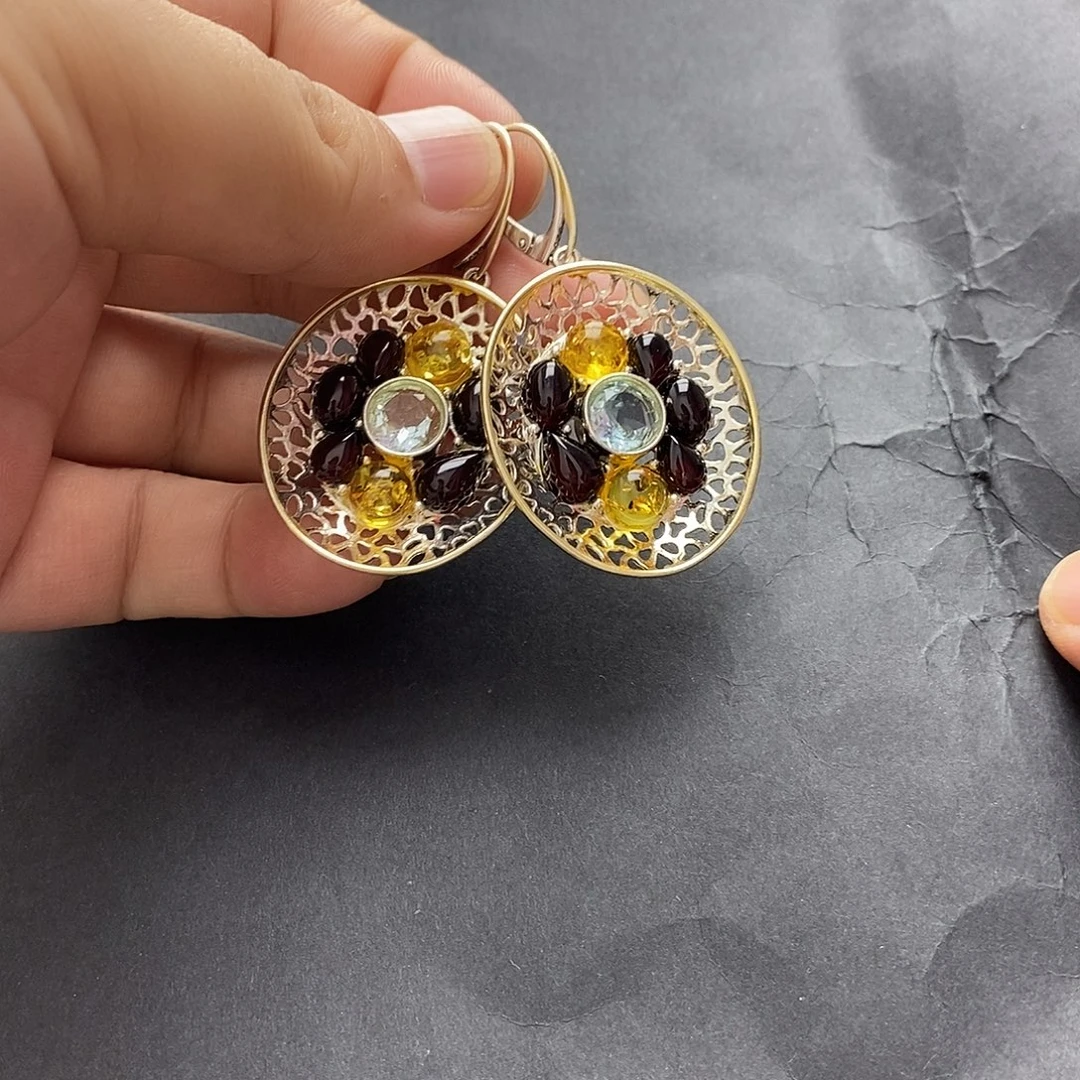 琥珀银S925镶嵌裸石耳坠