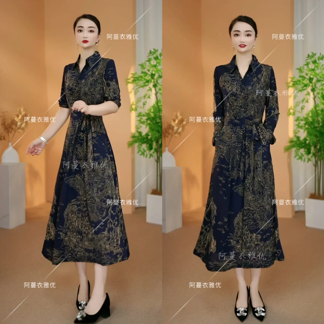 【衣雅严选】8090-2377#新款长袖衬衫领系带弹力缎气质显瘦连衣裙