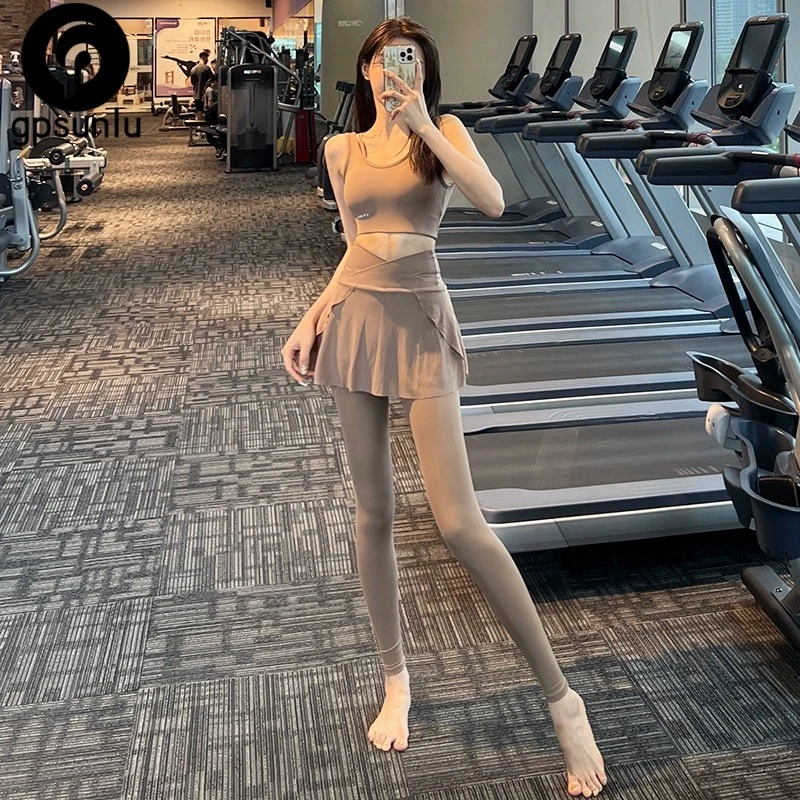 高腰假两件运动瑜珈裤女小个子网纱遮臀舞蹈高弹紧身跑步健身裙裤